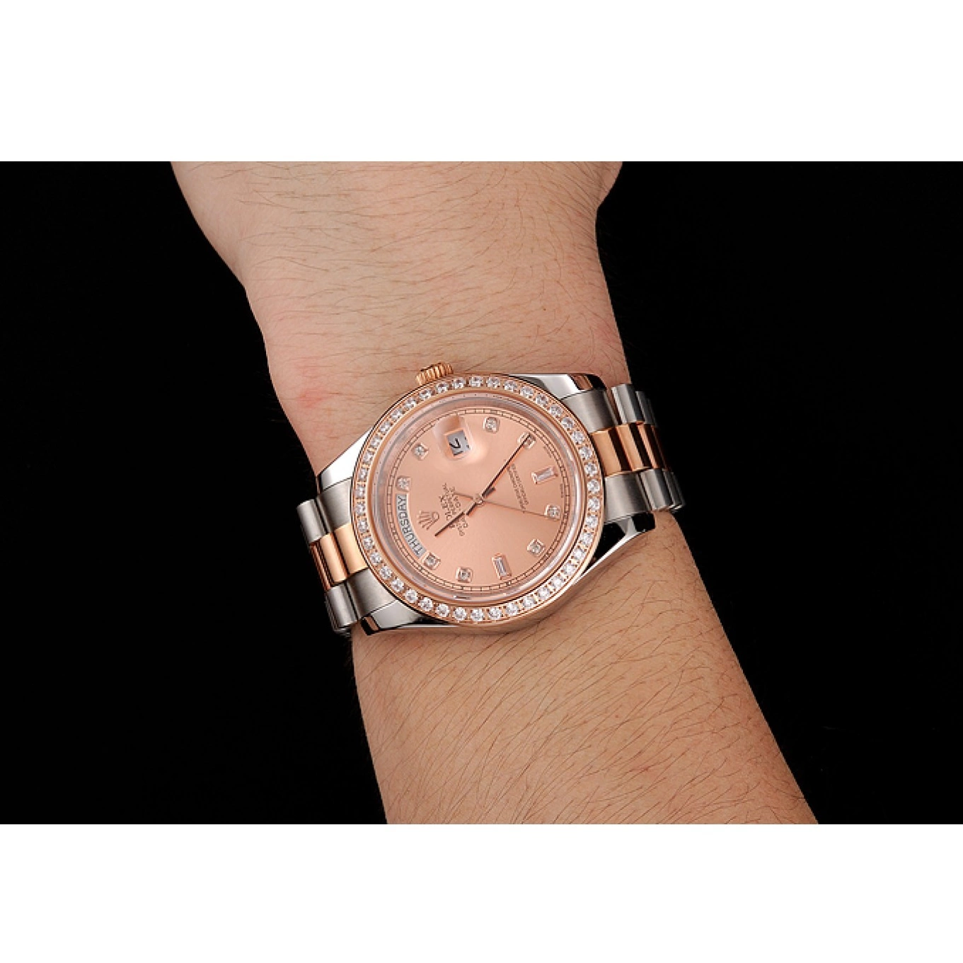 AAA Replica Watches Gold And Bezel Bracelet Swiss Staineless Day-Date Rolex 1454107 Steel Diamonds Rose 0518